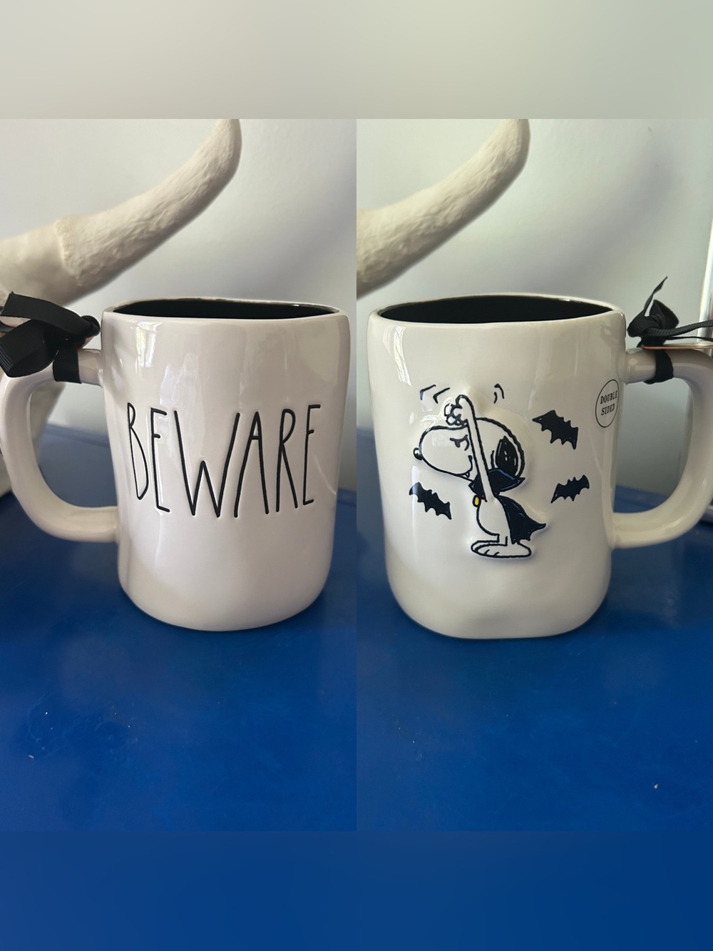 Rae Dunn Peanuts Charlie Brown Snoopy Beware Vampire Bats Double Sided Mug